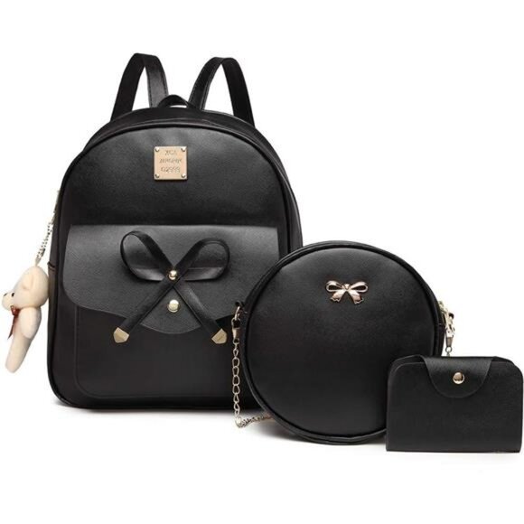 Girls 3pcs Bowknot Leather Mini Backpack Purse Women Small Backpack - Picture 1 of 7